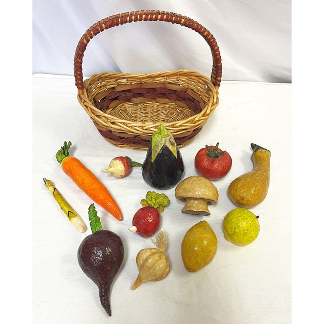 Traditional Vintage Realistic Hand Crafted Papier Mâché Vegetables in a Basket- Set of 14 For Sale - Image 3 of 11