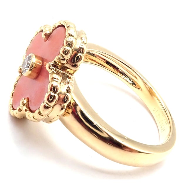 Mid 20th Century Van Cleef & Arpels Alhambra Yellow Gold Coral Diamond Ring For Sale - Image 5 of 9