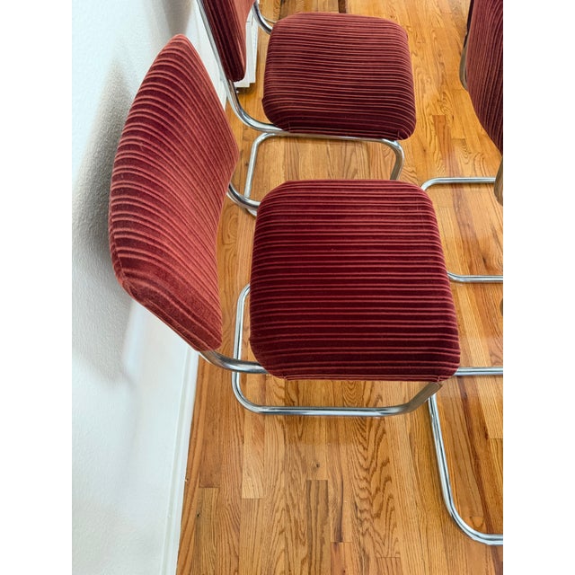 Vintage Burgundy Ribbed Velvet Chrome Cantilever Dining Chairs, Set of 4 For Sale - Image 9 of 9