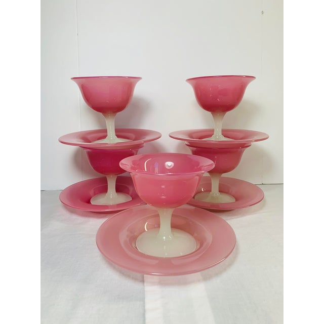 Pink 1920s Antique Steuben Carder Pink Rosaline Glass Goblets With Matching Plates - Set of 10 For Sale - Image 8 of 12