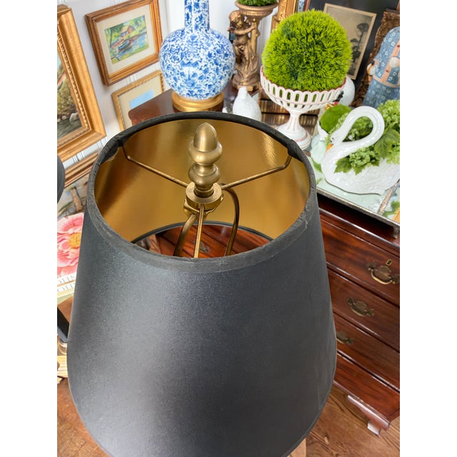 Late 20th Century Late 20th Century Classic Aged Brass and Black Candlestick Lamps With Paw Feet and Black Parchment Shades - Pair For Sale - Image 5 of 7