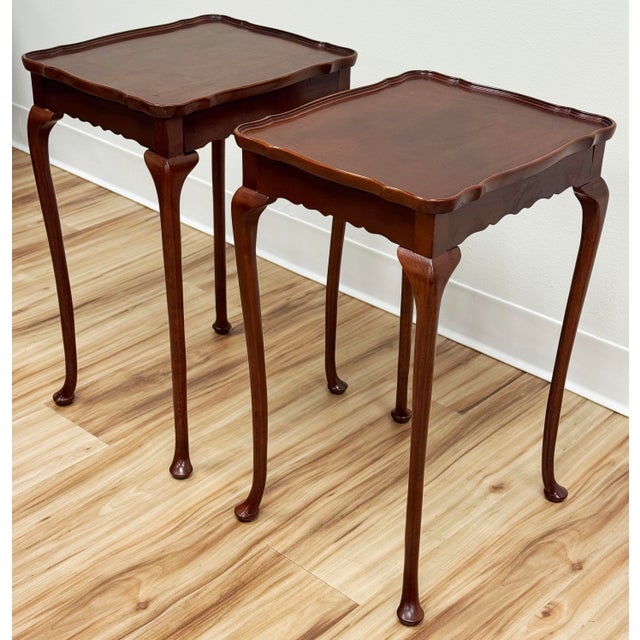 Wood Vintage Bombay Company Scalloped Edge Queen Anne Style Side Table Pair For Sale - Image 7 of 12