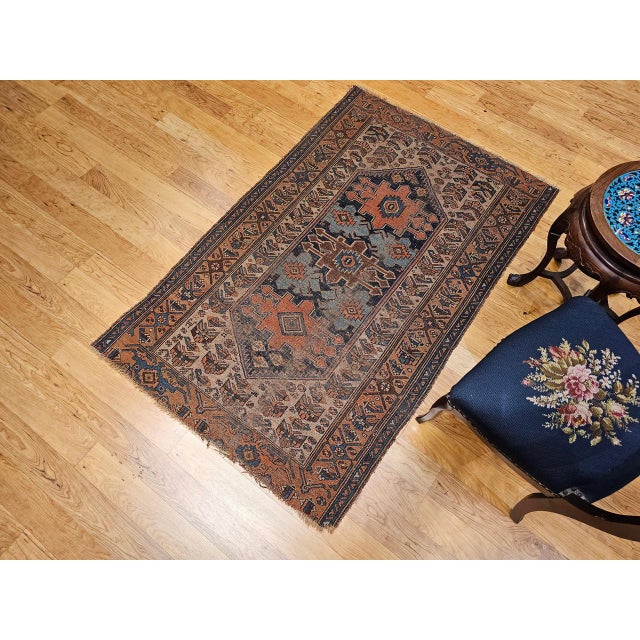 Brown Antique Persian Malayer Area Rug, Hand-Knotted Wool, Geometric Pattern, 4x6, Ivory & Navy For Sale - Image 8 of 18