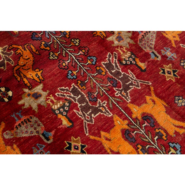 Pictorial Designed Vintage Shiraz Persian Wool Rug in Red For Sale In New York - Image 6 of 8