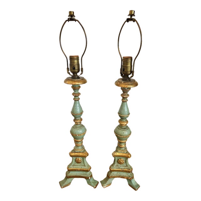 Pair of Italian Hand-Carved Candlestick Lamps For Sale