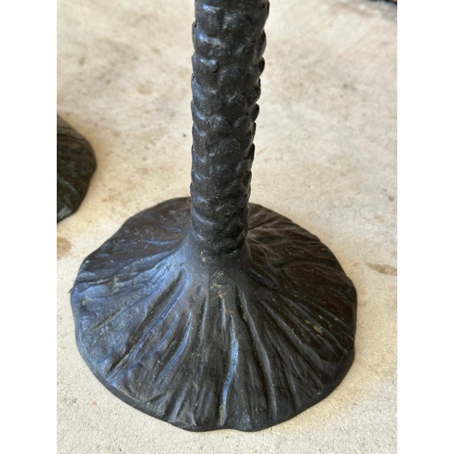 Black Pair Vintage Coastal Rustic Metal Palm Tree Staggering Candlestick Holders For Sale - Image 8 of 11