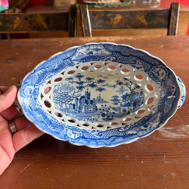 Antique Staffordshire Pearlware Blue Transfer "Gothic Castle" Chestnut Basket, Attributed to Spode, Circa 1820s For Sale - Image 12 of 12