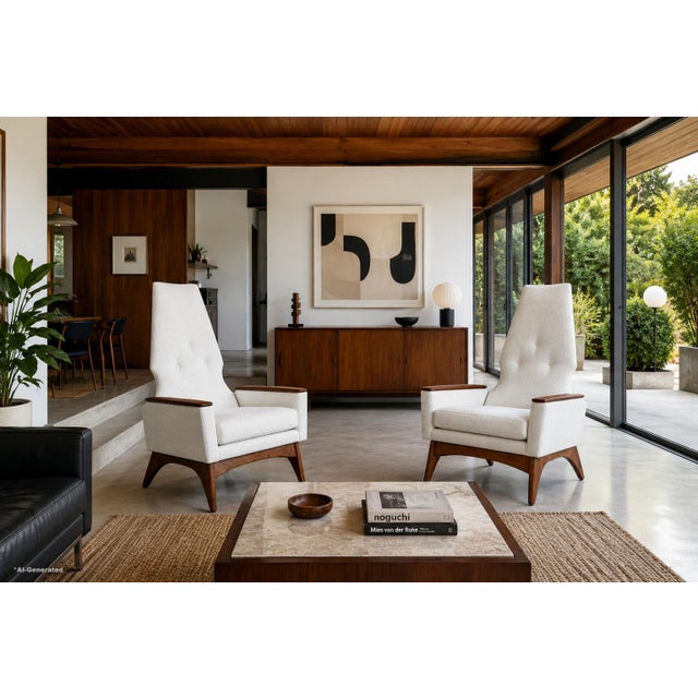 Manufactured by Kroehler in the United States during the 1960s, this striking pair of mid-century modern lounge chairs...