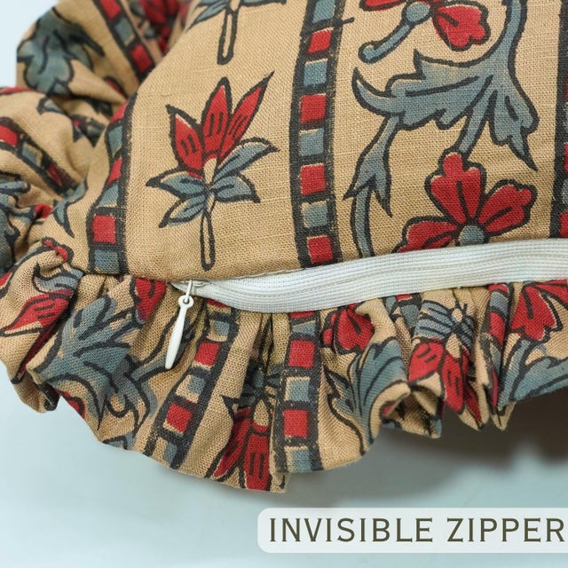 Contemporary Floral Block Print Frill Cushion Cover Handmade Artisan Boho Throw Pillow 14x20 Inch Mhalaxmi For Sale - Image 3 of 6
