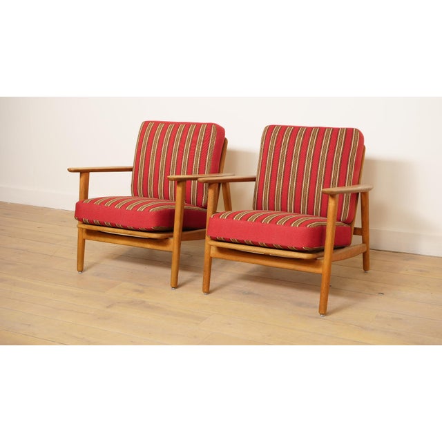 Danish Teak and Oak Lounge Chair with Red and Green Striped Fabric, 1960s For Sale - Image 3 of 18