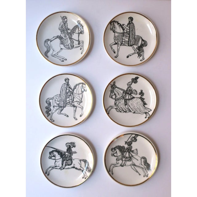 A gorgeous and chic set of six (6) Italian Piero Fornasetti cocktail drinks coasters 'Cavalieri', Classical Roman Medieval...