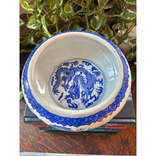 Chinoiserie Vintage Chinoiserie Blue and White Brush Washer Bowl With Dragon Motif For Sale - Image 3 of 9