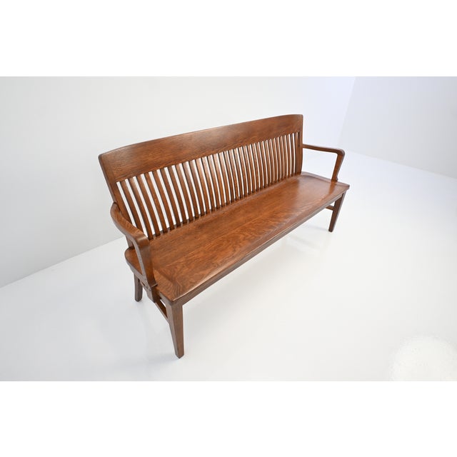 American Antique American Oak Lawyer’s Bench | Newly Refinished For Sale - Image 3 of 18