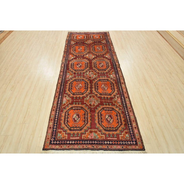 Cabin Caucasian Runner 4'3'' X 10'5'' Red Wool Semi-Antique Tribal Hand-Knotted Rug For Sale - Image 3 of 14