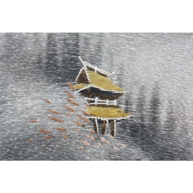 Gray Late 20th Century Japanese Mt Fuji With Pagoda Crewel Embroidered Mountain Landscape 16" For Sale - Image 8 of 10