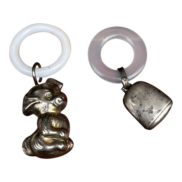 Pair of Vintage Silver Metal Baby Toys For Sale