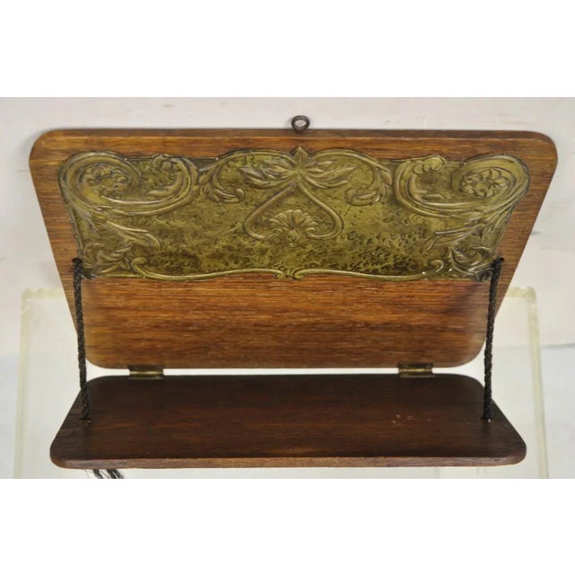 Brown Antique Arts & Crafts Oak & Brass Embossed Folding Wall Hanging Letter Holder For Sale - Image 8 of 10