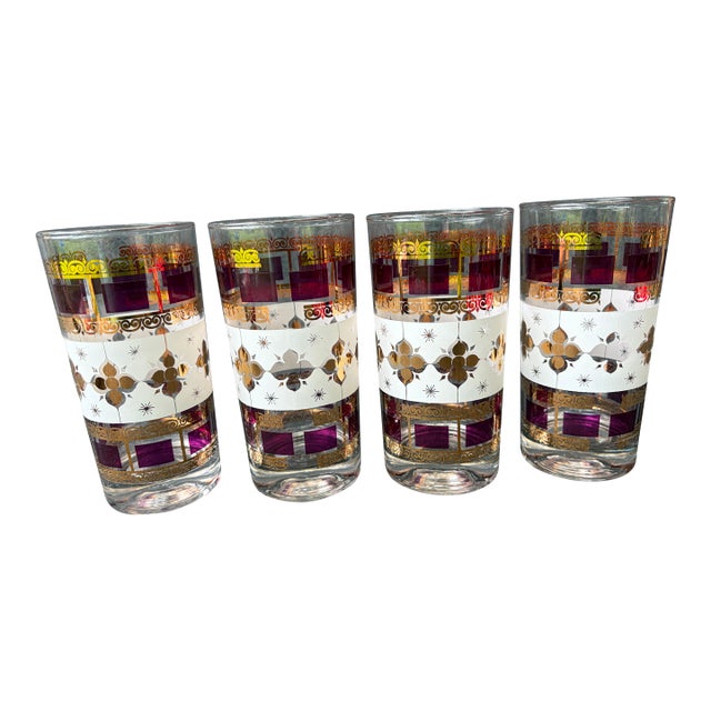 Vintage Mid-Century Modern Culver LTD 22k Starburst Highball Glasses Set of 4 For Sale