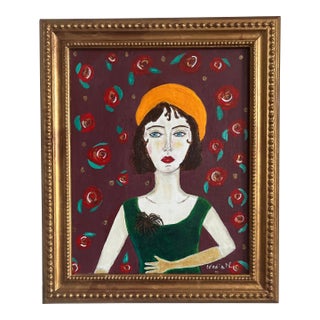 ‘Claire’ Abstract Acrylic Painting Portrait of a 1920s Inspired Woman Framed by Artist Nadia Nabhan For Sale