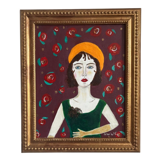 ‘Claire’ Abstract Acrylic Painting Portrait of a 1920s Inspired Woman Framed by Artist Nadia Nabhan For Sale