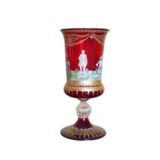 Vintage Italian Murano Hand Enameled Ruby Glass Chalice For Sale