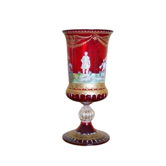 Vintage Italian Murano Hand Enameled Ruby Glass Chalice For Sale