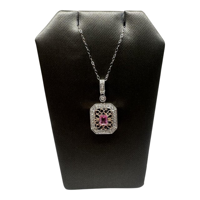 Pink Sapphire & Diamond Necklace in 14kt White Gold – 18in, Pre-Loved For Sale