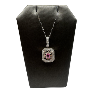 Pink Sapphire & Diamond Necklace in 14kt White Gold – 18in, Pre-Loved
