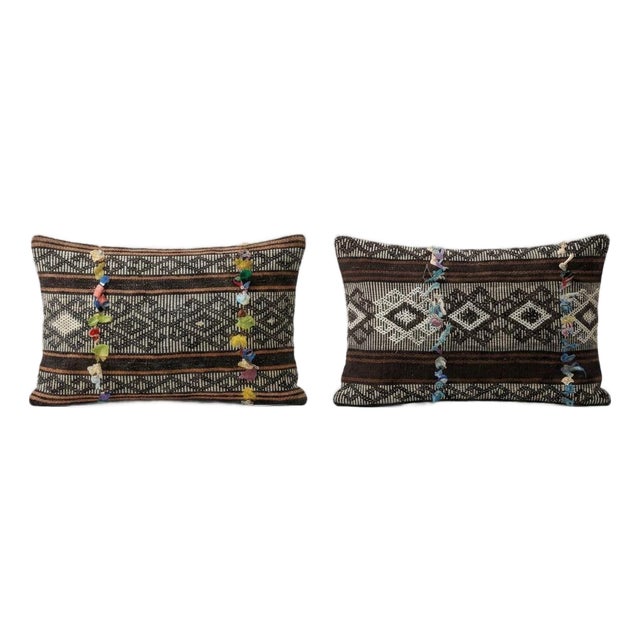 Modern Kilim Lumbar Pillow Cover 14'' X 24'' - Set of Two For Sale