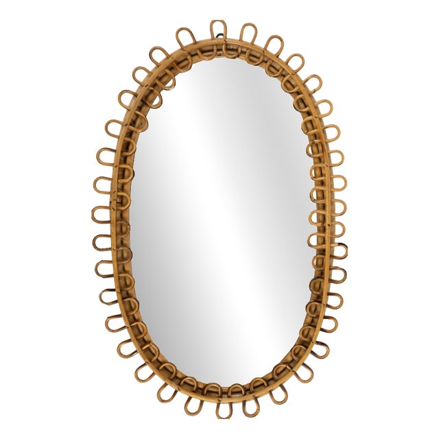 Mid-Century Oval Rattan and Bamboo Wall Mirror in the style of Franco Albini, Italy, 1960s For Sale