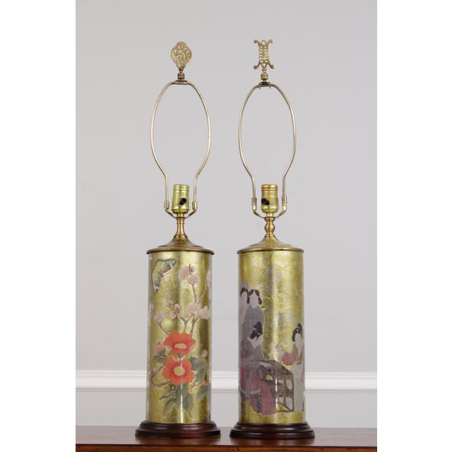 1980s Chinese Eglomise Glass Canister Lamps - a Pair For Sale - Image 4 of 17