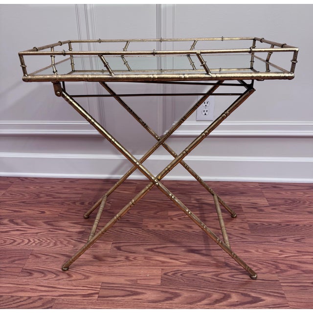 Late 20th Century Vintage Hollywood Regency Faux Bamboo Gold Finish Mirror Collapsible Tray Table For Sale - Image 5 of 12