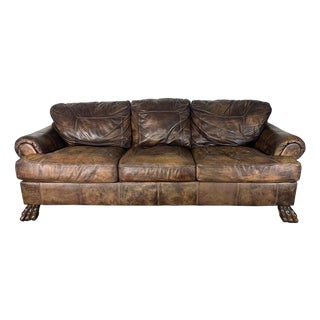 Vintage Distressed Leather Sofa With Lion Paw Feet For Sale