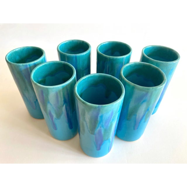 Vintage Mid Century Modern Dryden Studio Art Pottery Drip Glaze Ceramic Tumbler Cups - Set of 7 For Sale - Image 11 of 13