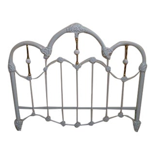 1980s Vintage Elliott’s Design White Enameled Iron and Brass Full Size Bed Headboard For Sale