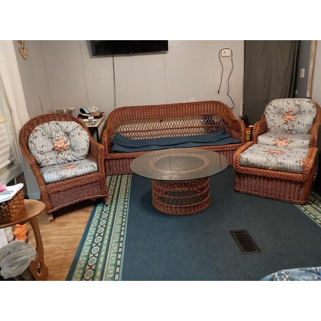 1970's Henry Link Wicker Furniture Set includes : 1 Sofa, 1 Chair with 1 matching Ottoman, 1 Rocking Chair and 1 Table...