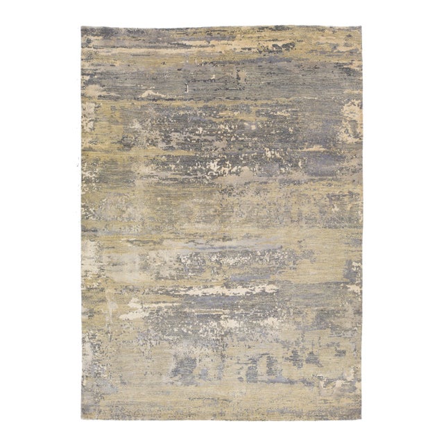 Contemporary Handmade Wool and Silk Rug in Beige With Abstract Design For Sale