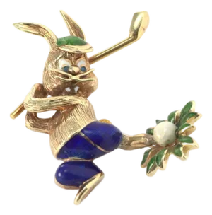 Mid 20th Century Multicolor Enamel 14k Yellow Gold Rabbit Golfer Pin Brooch