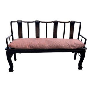 Long Antique Elmwood Bench With Custom Down Cushion For Sale