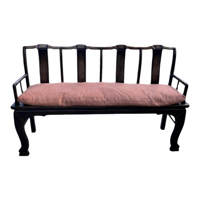 Long Antique Elmwood Bench With Custom Down Cushion For Sale