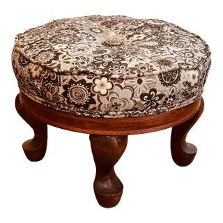 Mid 20th Century Queen Anne Footstool With Mahogany Turned Legs and Floral Upholstery For Sale