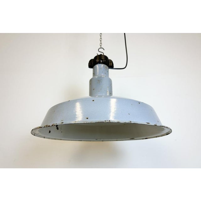 Paint Large Mid-Century Industrial Grey Enamel Factory Lamp, 1950s For Sale - Image 7 of 17