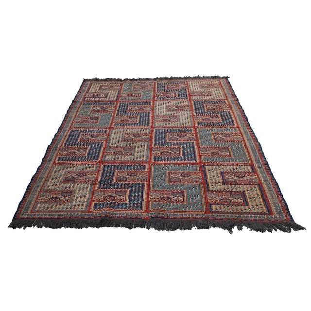 Art Deco Rug 6x8 Hand-Woven Wool Soumak Kilim | Afghan Sileh Design Rug For Sale - Image 3 of 6