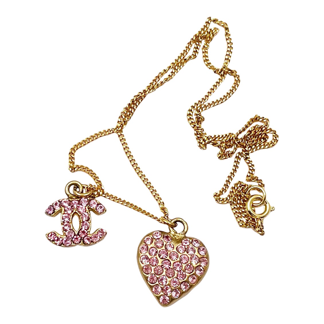 CHANEL 26S DOUBLE C LOGO HEART CHARM NECKLACE WITH NO.5 & FLORAL DETAIL IN GOLD METAL 630796