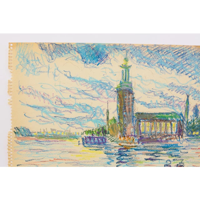 1950s Swedish Folk Art Oil Pastel Drawing of Stockholm City Hall in Sky Blue, Pink, Purple, Teal, Green For Sale - Image 15 of 18