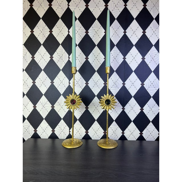 Hollywood Regency Vintage Hollywood Regency Gilt Metal Sunburst Mirror Candlesticks, Pair For Sale - Image 3 of 13