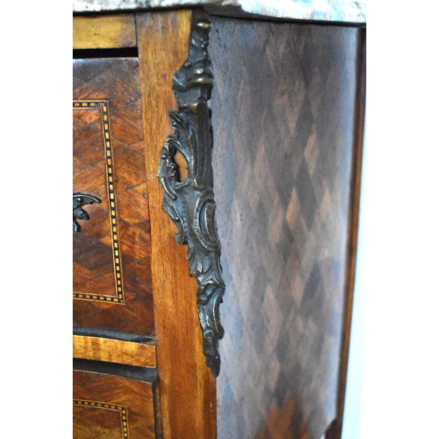 Brown Antique Louis XV-Style Bombe Marquetry, Ormolu, & Marble Top Bombe Chest of Drawers For Sale - Image 8 of 11
