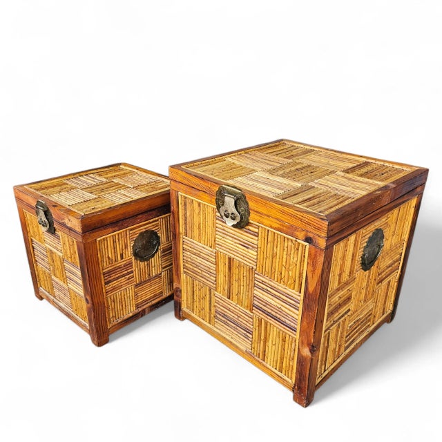 James Mont Pair of Vintage Chinoiserie Split-Bamboo Woven Trunks/Chests With Brass Dragon/Phoenix Latches For Sale - Image 4 of 11