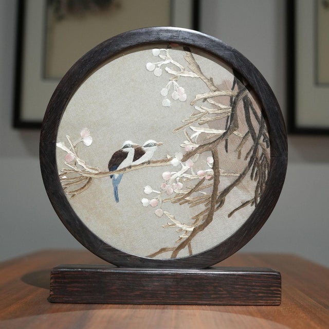 Double-Sided Handcrafted Silk Feng Shui Embroidery Winter Bird Flower Artwork For Sale - Image 4 of 6