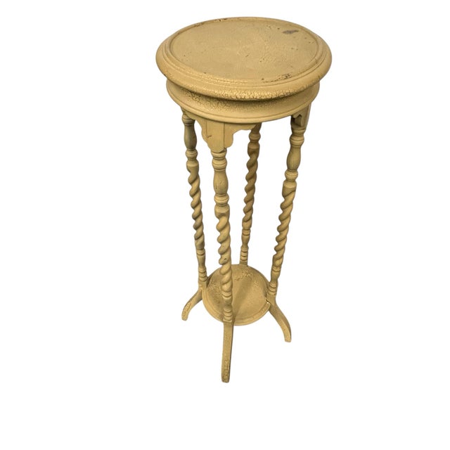 Vintage wood plan stand pedestal with barley twist legs. Finish has crackled in most places. Top is 12” diameter. Will...